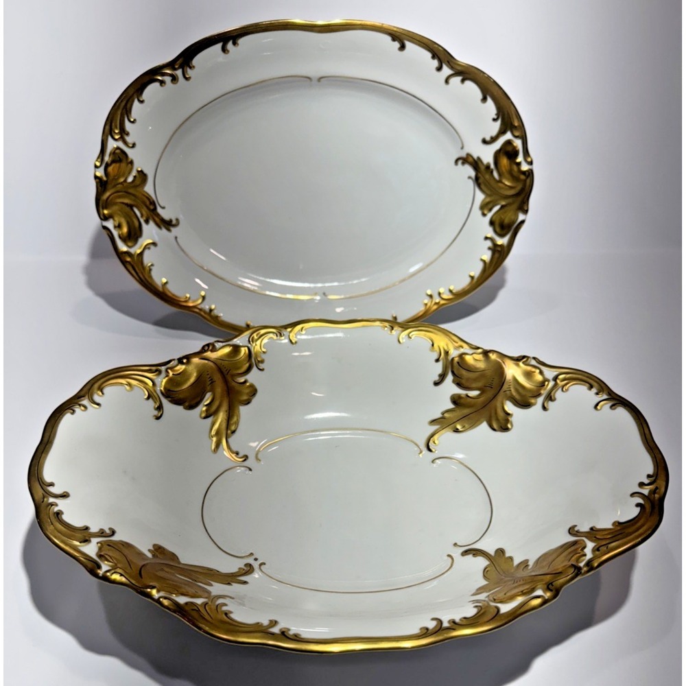 Walbrzych Poland Porcelain Serving Dish & Playter Gold Leaf & Scrolls Vintage